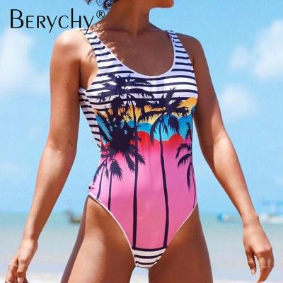 China Breathable Palm Print Factory Swimwear Summer Girls Sleeveless Sexy One Piece Ladies Beach Swimwear for sale