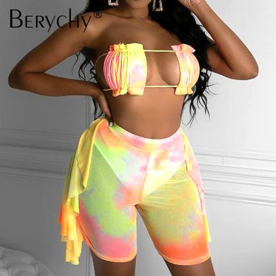 China 3 Piece Breathable Swimwear Ruffle Swimsuit Female Bandeau Bikini Set With Mesh Shorts for sale