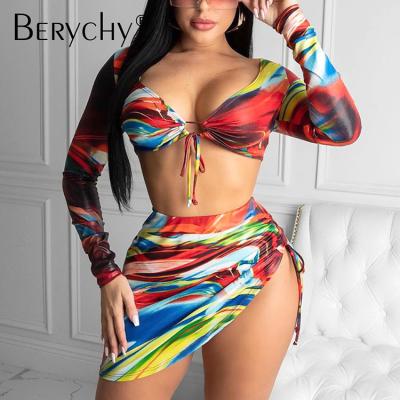 China Breathable Three Piece Matching Swimsuit Cover Up Bikini Set Sexy Long Sleeve Rainbow Swimwear for sale