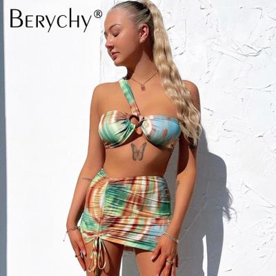 China Breathable Sexy Bikini Set Women One Shoulder Tie Dye Gradient Print Push Up 3 Piece Swimsuit Swimwear for sale