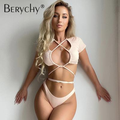 China Breathable short sleeve wrap solid sexy bikini set new 2022 push up brazilian cross bandage swimsuit for sale