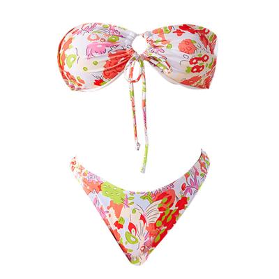 China Women Breathable Sexy Swimwear Floral Bandeau Bikini Set Strapless Padded Beach Female Brazilian Bathing Suits Swimsuit for sale