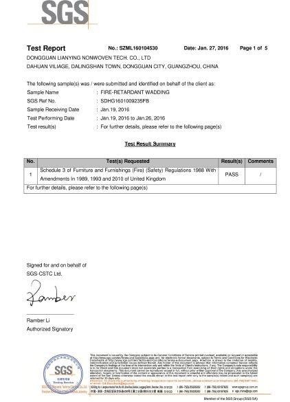 Fire-retardant Wadding Test report - GIANT CORPORATION LIMITED