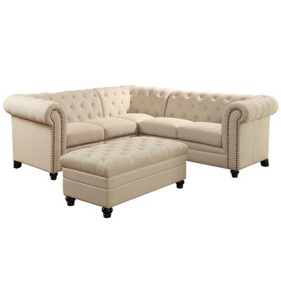 China Tufted Back And Nailed Cream Fabric Sofa Set Scroll Fronted Arm With Curved Back for sale