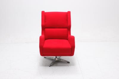 China Curve Wood Frame Swivel Accent Chair Red Fabric With Stainless Steel Base for sale