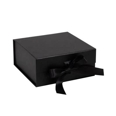 China Wholesale Recyclable Collapsible Collapsible Matte Black Magnetic Clothing Packaging Cardboard Folding Box With Ribbon for sale