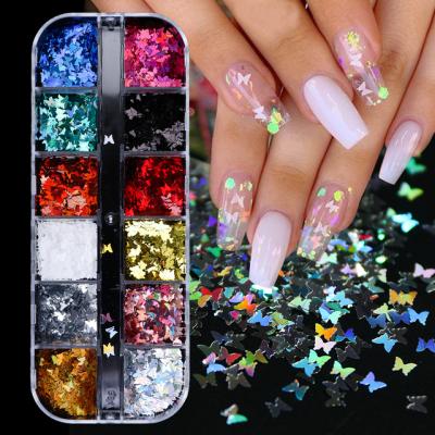 China Nail Convenient Holographic Glitter Flakes Sequin 12pcs in 1 Butterfly Rose Gold Silver DIY Dipping Powder for Acrylic Nails Tools for sale