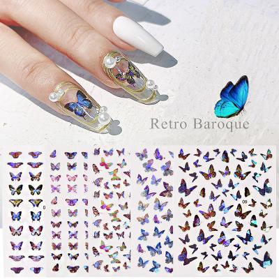 China Nails Art Tool Set Hot Sales Nail Designs 3d Nail Laser Butterfly Holograph Butterfly Artificial Finger Marimekko Adhesive Nail Decals for sale