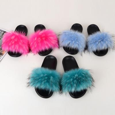 중국 2020 Wholesale Fashion Trend OEM Design Women Fox Fur Slides Large Raccoon Sandal Lady Fur Warm Fluffy Fur Slippers 판매용