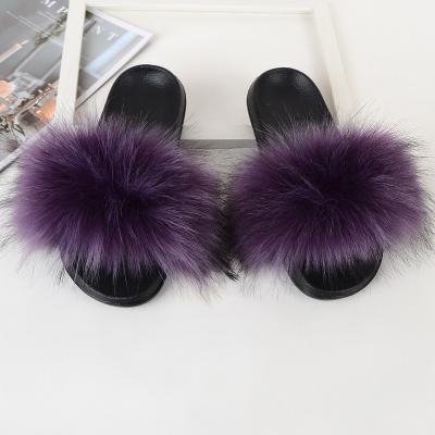 China Real Fox Fur Slippers Mixed Raccoon Fur Furry Sandals Fashion Trend Colors Hairy Fur Slides Wholesale for sale