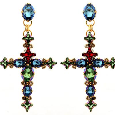 China FASHIONABLE custom crystal-embellished earrings with crosses in ruby, peridot and aquamarine tones. Gold plated for piercing only for sale