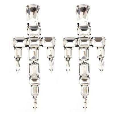 China TRENDY Custom Cross Crystal Embellished Earrings, Clear Crystal Tone Silver Plated Clip On Fashion Earrings. for sale