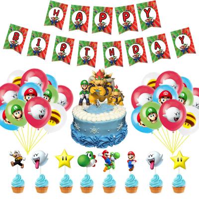 China Festival Decoration Super Mario Theme Party Set Decoration Supplies Children's Mario Game Figure Birthday Pull Flag Card Balloon Set Birthday Gifts for sale