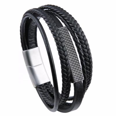 China New Trendy Trendy Multilayer Woven Stainless Steel Woven Charm Men's Leather Rope Bracelet Gift for sale