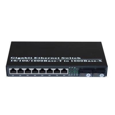 China SC Fiber QoS Gigabit Ethernet Port 10/100/1000M Fiber Optical Media Switch 8 RJ45 UTP And 2 Converter for sale