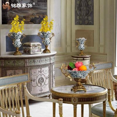 China Environmentally Friendly Vintage Decoration Fruit Dish Set Flower Pattern Home Luxury Metal Base Ceramic Vase for sale