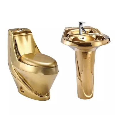 China Hot Selling Double-flow WC Ceramic Bathroom Toilet Basin Toilet Set Luxury Golden WC Gold Toilet For Sale for sale