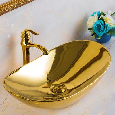 China Easy Clean Sink Customized Luxury Royal Gold Ceramic Bathroom Sinks Art Oval Lavabo Countertop Basin Ceramic Sanitary Ware for sale