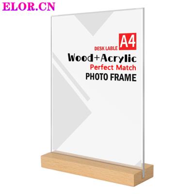 China Table Card Flat Beveled Vertical Acrylic Table Card Minimalist T Shaped or L Shaped or Horizontal Full Page View with Beech Base for sale