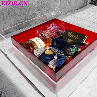 China Beautiful Colorful Red Green Blue Luxury Square Flower Gift Box Acrylic Snack Container Box With Clear Cover For Valentine's Day for sale