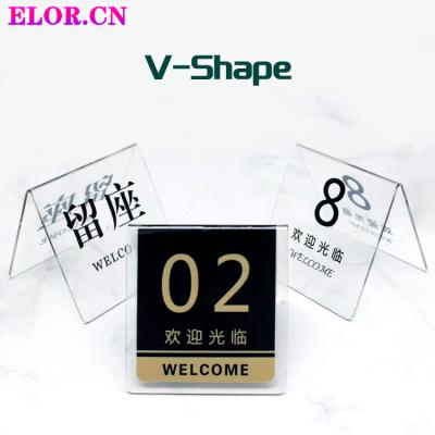 China Factory Wholesale Cafe Restaurant Transparent Restaurant Table Elor Customized Acrylic V-shaped Acrylic Number Reservation Sign for sale