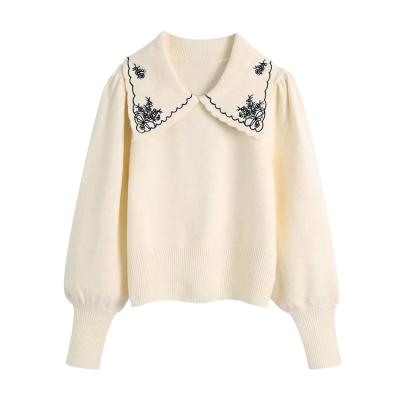 China Anti-Wrinkle New Fashion Yarn Embroidery Knitted Sweater Vintage Lapel Long Sleeve Chic Female Sweaters Tops for sale