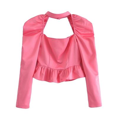 China 2022 Women Fashion Anti-pilling Hollow Out Crop Blouses Vintage Ruffled Anti-pilling Long Sleeve Backless for sale