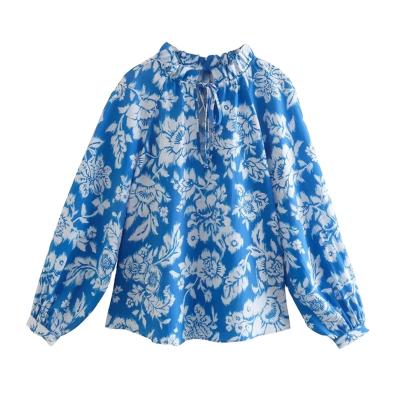 China Spring Style Printed Shirt Pleated Design Satin Blouse Women Anti-pilling Anti-pilling for sale