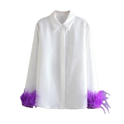 China Women 2022 Chic Feather Blusas Poplin Vintage Blouses Tops Long Sleeve Purple Shirts for sale