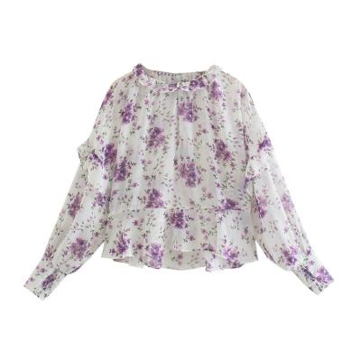 China Anti-pilling anti-pilling 2022 spring and autumn printing round neck lantern sleeve female Bohemian ladies blouse for sale