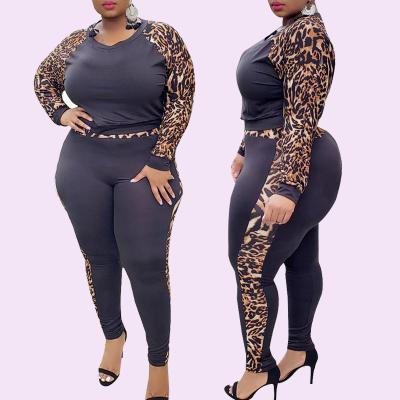 China Anti-pilling 2021 Plus Size Long Sleeve Leopard Print Patchwork Pants 2 PCs Plus Size Women Activewear Set for sale