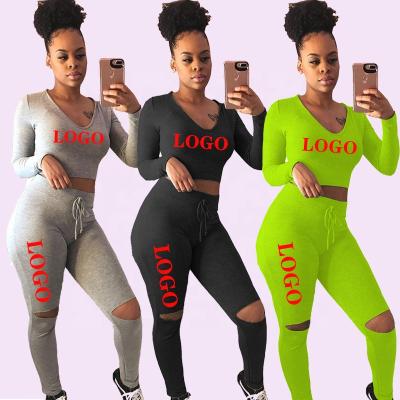 China Lanyard With Torn Pantsuit Two Piece Long Sleeve Solid Neck Set Breathable Stylish Round Sport Home Wear for sale