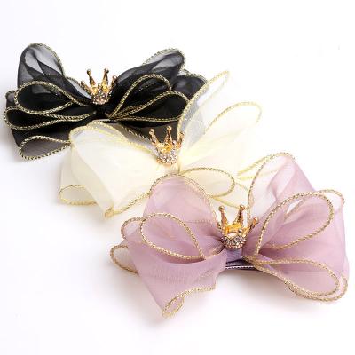 China Popular Hair Accessories Crown Clip Top Hair Accessories Black Yellow Pink Organza Hair Bow Hairpin For Kids for sale