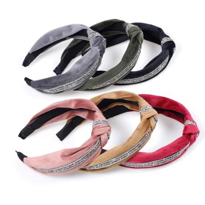 China New Wide Cross Crystal Velvet Head Band Solid Color Cloth Design Women Winter Hair Accessories Head Band for sale