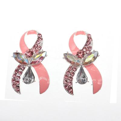 China Elegant Hot Selling Crystal Breast Cancer Awareness Brooch Pink Enamel Ribbon Bow Knot Brooch for sale