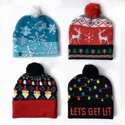 China JOINT Wholesale Led Lighted Christmas Knit Beanie Cap With Pom for sale