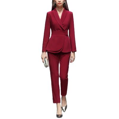 China Temperament OL QUICK-DRY Casual Two-piece Fashion Burgundy Small Suit Jacket Pants Suit Women for sale