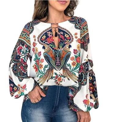 China Latest Anti-Pilling Round Neck Design Women's Long Sleeve Chiffon Blouse Floral Shirt Women Clothing for sale