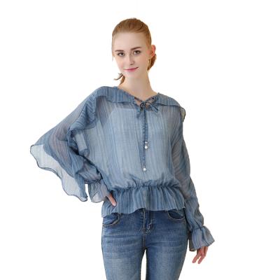 China 2018 Chiffon Blouse Long Sleeve Ruffles Anti-pilling Trendy Perspective Styles Latest Blouse Designs for sale