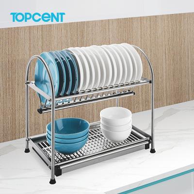 China TOPCENT Kitchen Stainless Steel 2 Tier Dish Rack Stocked Dish Drainer for Kitchen Counter Top for sale