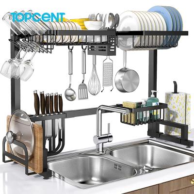 China TOPCENT Kitchen Storage Steel Plate Stainless Dish Stocked Drying Rack Racks Over Sink for sale