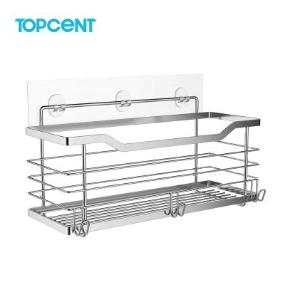 China TOPCETN Space Saving 304 Stainless Steel Bathroom Kitchen Shower Caddy Adhesive Storage Box With Hook for sale