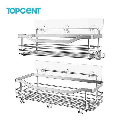 China TOPCENT Space Saving Adhesive Wall Mounted Stainless Steel Rectangle Shower Caddy With 4 Hooks Bathroom Shower Holder for sale