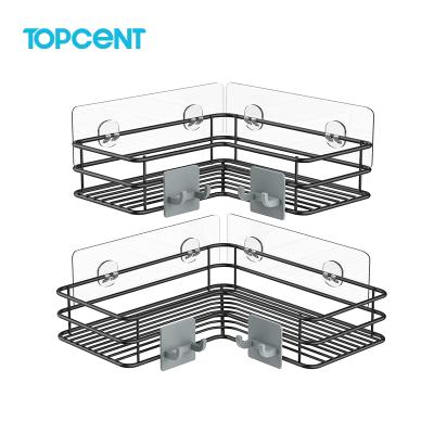 China TOPCENT Space Saving Stainless Steel Bathroom Kitchen Accessories Adhesive Corner Cart Shelf Basket Shower Rack with Hooks for sale