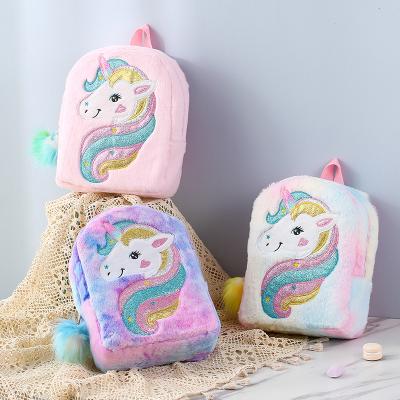 China Portable Amazon Sell Girls Unicorn Cute Cartoon Embroidered Plush Schoolbags Fashion Cartoon Backpack Bags Kids Plush Backpack for sale