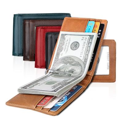 China 2021 New Arrival Simple Style RFID Genuine Leather Men's Slim Wallet With Money Clip for sale