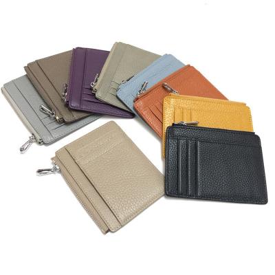 China Genuine Leather Women and Men Small Double Zipper Unisex Card Holder Side ID Holder Wallet for sale