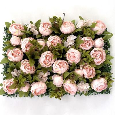 China Eco-friendly Wedding Vintage Peony Artificial Flower Wall Rose With Green Leaves Flower Panels for sale