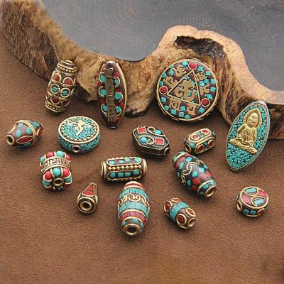 China Decoration 15 Styles DIY Retro Nepal Loose Beads Handmade Coral Tibetan Bead Antique Golden Red Beads For Jewelry Making Bracelets JA0072 for sale