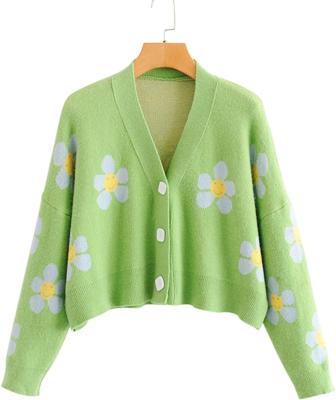 China Anti-wrinkle women knit flower cardigan loose button long sleeve V-neck crop sweater cardigan tops for sale